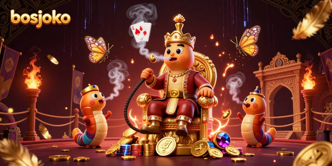 Menggenggam bosjoko, simbol poker muncul dari asap, pada ilustrasi casino 3D yang kaya dekorasi.