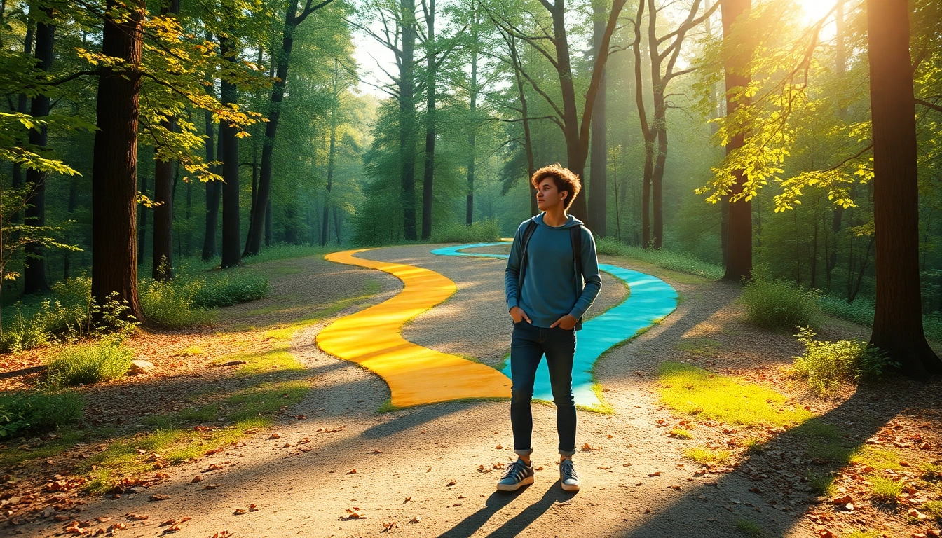 Explore pathways to Find my true Calling amidst a serene, illuminated forest.
