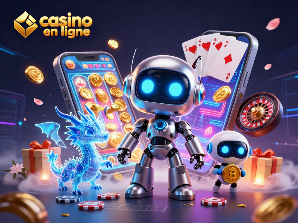 Jouez casino en ligne avec un robot cybernétique et dragon IA, entouré d'éléments de jeu vibrants.
