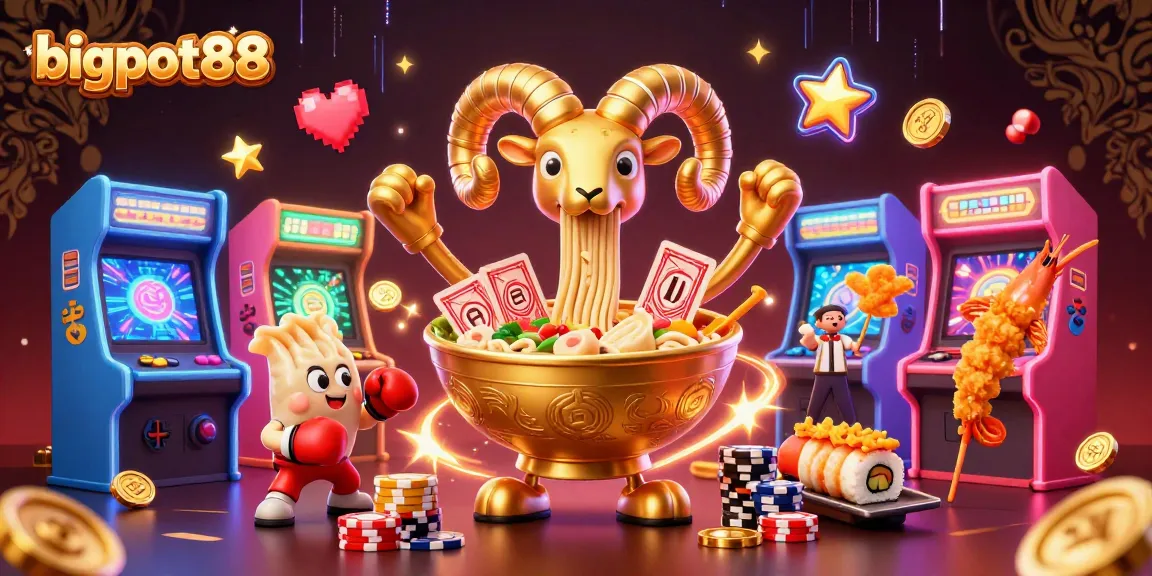 Engage with bigpot88's exciting world as a giant golden ramen bowl deals cards amidst animated casino elements.