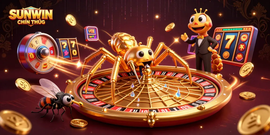 SUNWIN CHÍNH THỨC features a golden spider creating a thrilling roulette wheel web amidst exciting gambling elements.