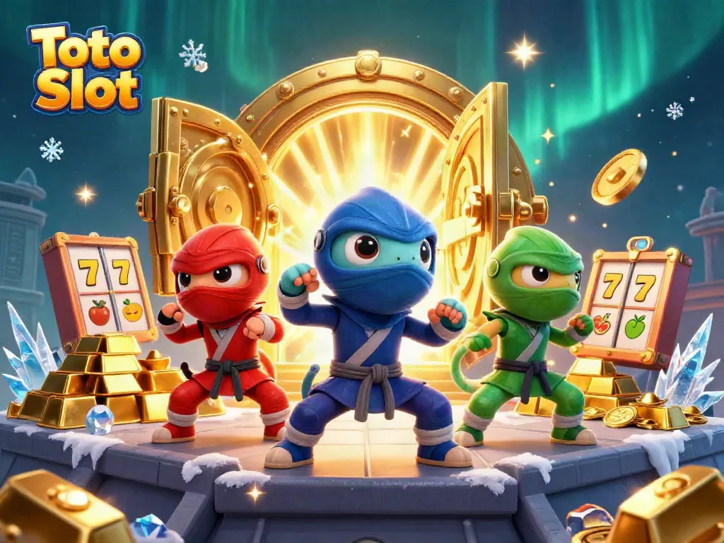 Gambarlah Toto Slot dengan tim ninja chameleon beraksi di kasino, menampilkan harta karun emas dan simbol slot.