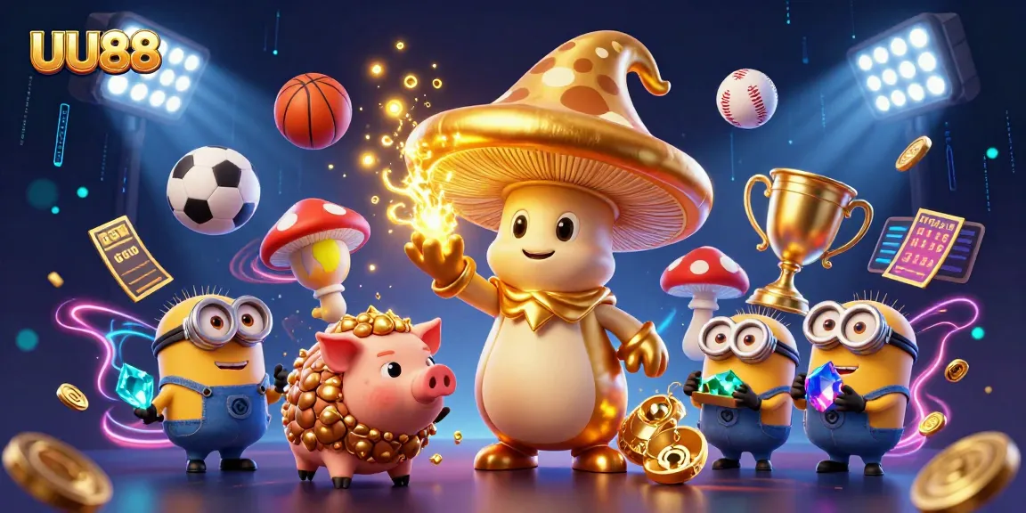 UU88 offers thrilling winning opportunities in a vibrant 3D casino scene filled with sports elements and magic.