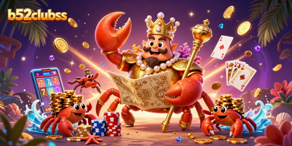 Spin the reels at b52clubss with a treasure-filled scene featuring golden crab emperor and poker elements.