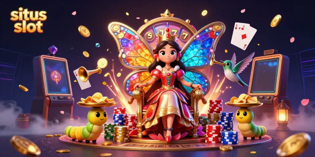 Visualisasi situs slot yang menarik dengan ratu kupu-kupu dan elemen kasino