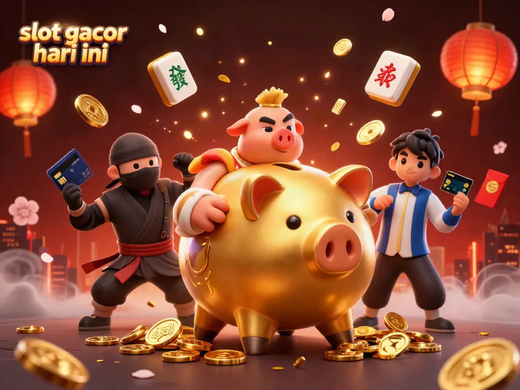 Visualisasi slot gacor hari ini dengan karakter kartun 3D celengan dan elemen permainan menarik.