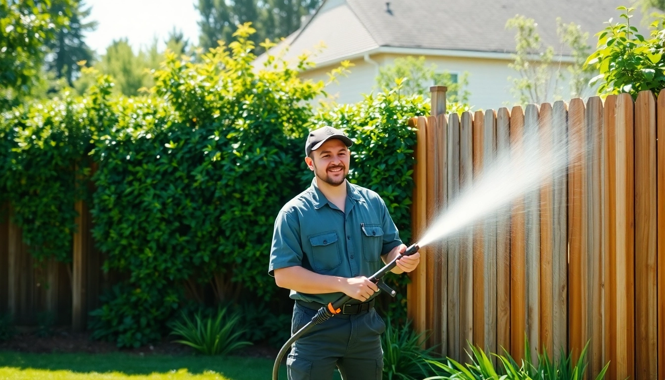 Fence cleaning technician applying soft wash method to a wooden fence in a sunny backyard.