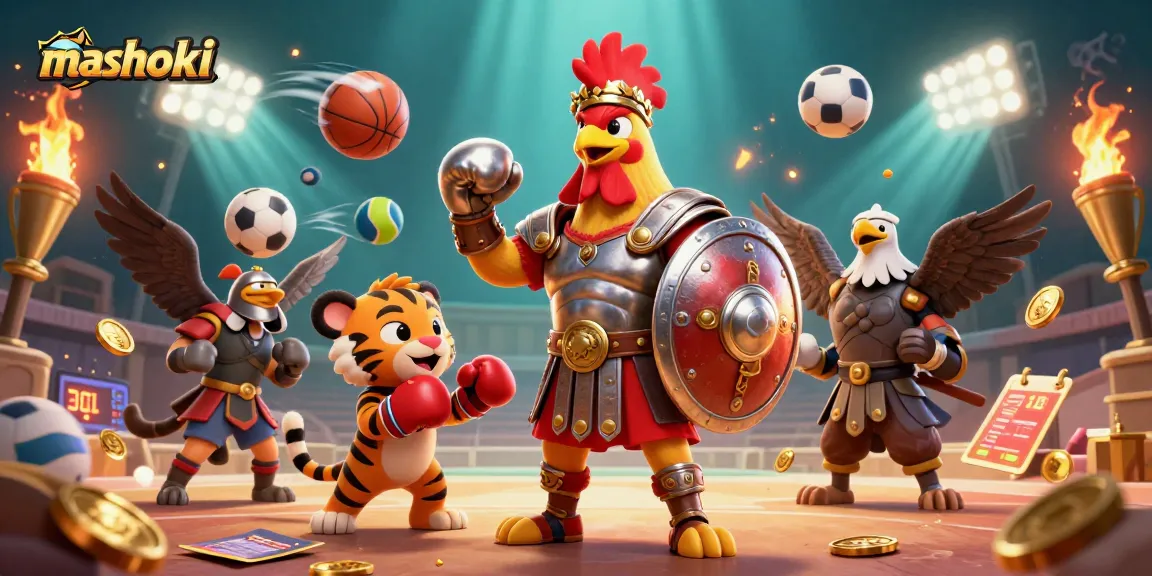 Bet on mashoki and engage with a thrilling sports betting arena featuring a rooster and tiger cub.