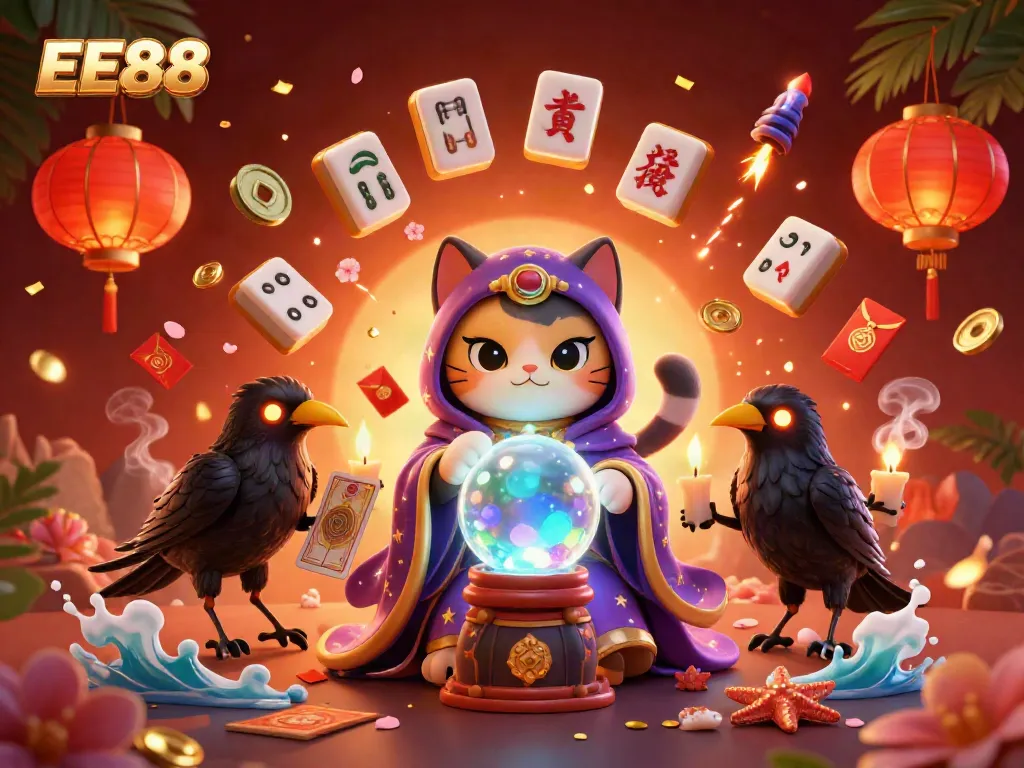 Experience the excitement of EE88 with a vibrant 3D illustration showcasing a mystic cat and raven amidst dynamic casino elements.
