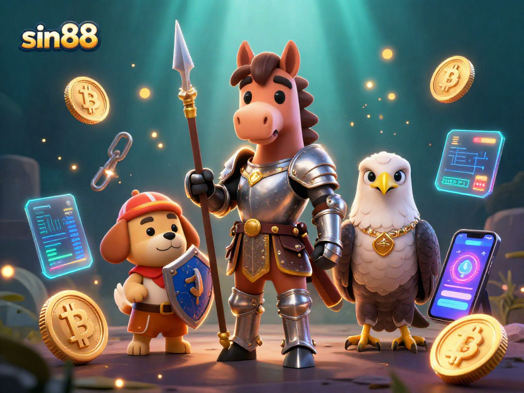 Engage with sin88 gaming action featuring medieval characters and cryptocurrency symbols in a vibrant casino scene.
