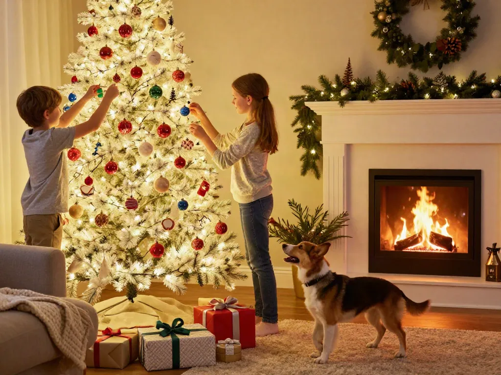Family decorating a white tree xmas in a cozy living room during the holidays.