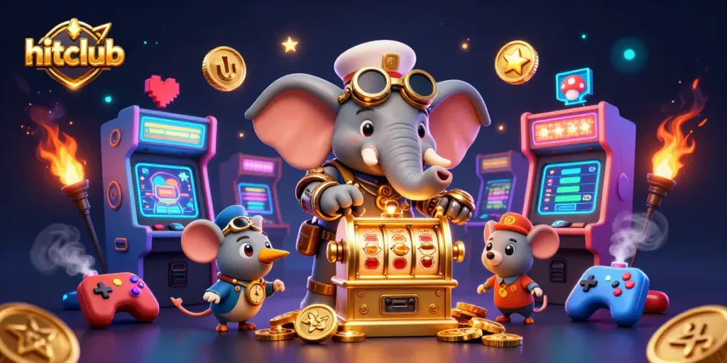 Hitclub spins golden slot machines while enjoying arcade games in an engaging 3D casino environment.