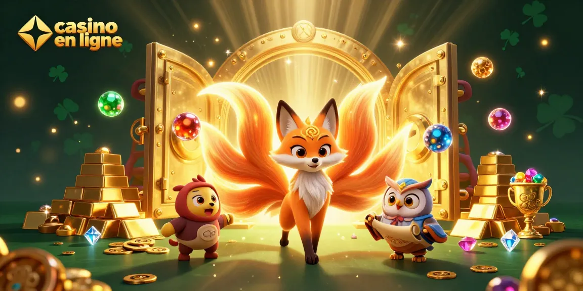 Jouez sur casino en ligne avec une illustration 3D enchanteresse mettant en valeur un renard à neuf queues et une chouette sage.