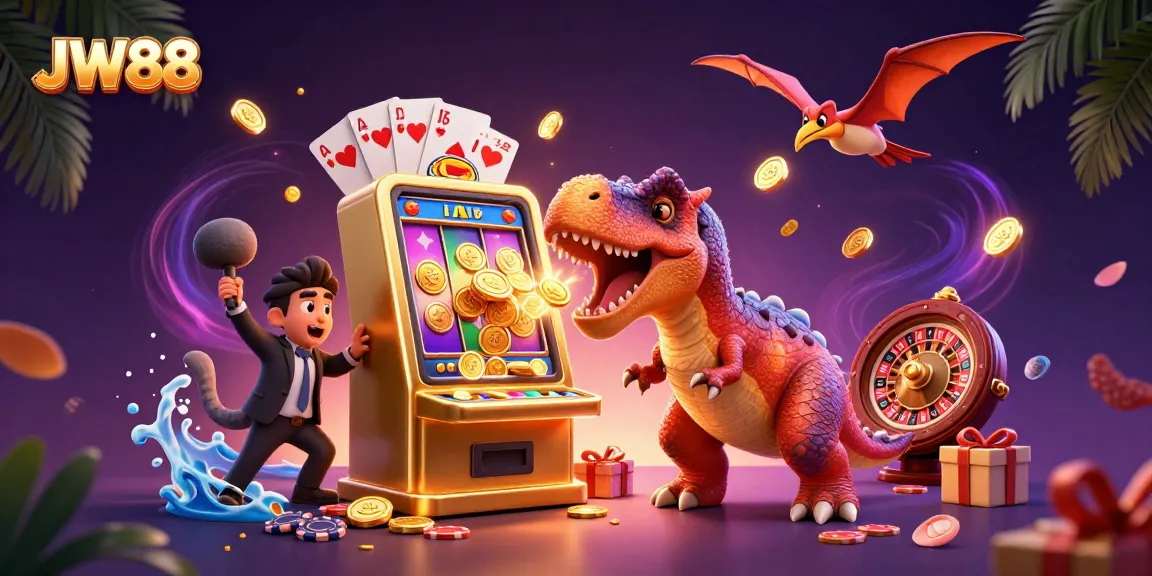 JW88 showcases a 3D cartoon pachycephalosaurus winning jackpot coins at a golden slot machine, embodying excitement.