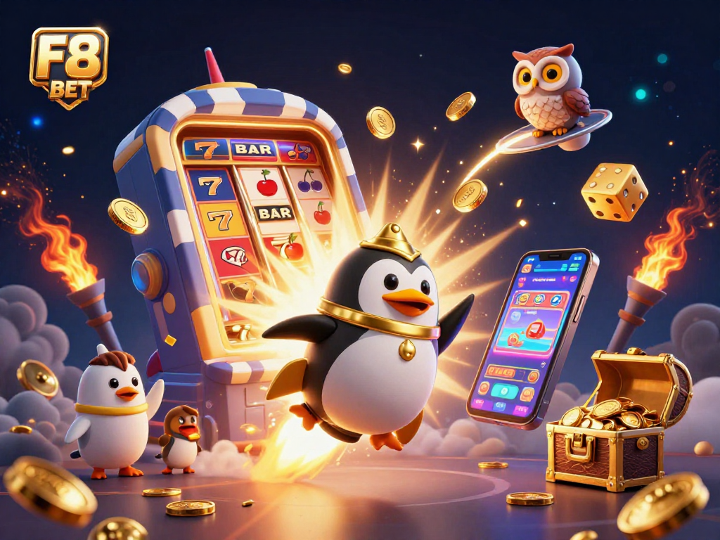 Experience thrilling wins with F8 BET as golden coins explode from a massive slot machine in this vibrant gaming scene.