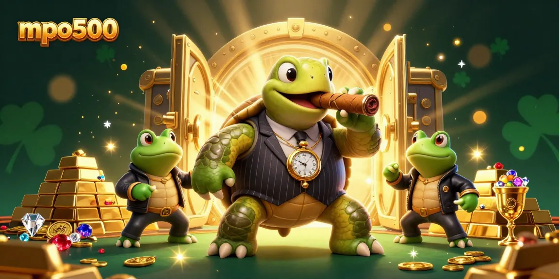 Win big with mpo500 in this vibrant casino-themed illustration featuring a charismatic snapping turtle and bullfrog enforcers.