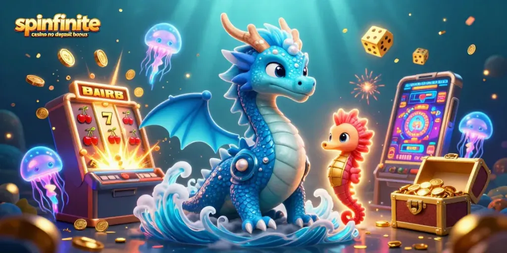 Engage with the spinfinite casino no deposit bonus in vibrant 3D imagery featuring a dragon and seahorse in a lively casino-like scene.