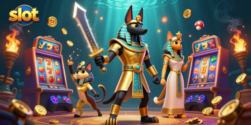 Experience the thrill of slot gaming with vibrant characters and dynamic elements in this lavish illustration.