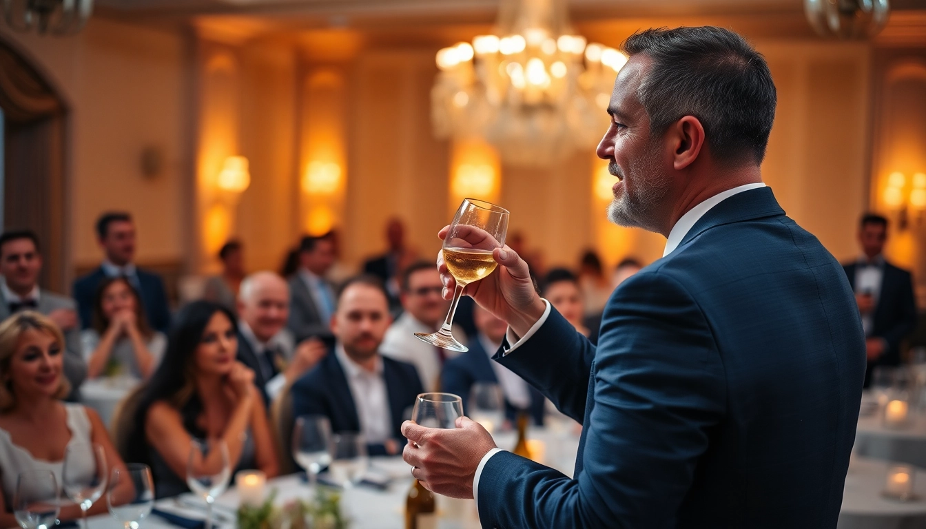 Man elegantly giving a toast with an audience engaged and smiling at a festive gathering.