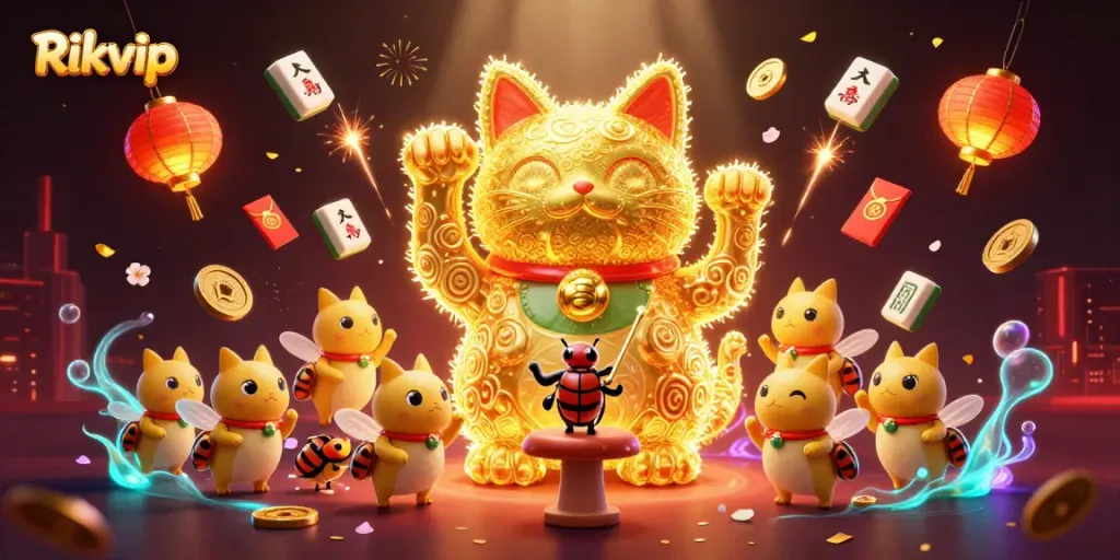 Engage with Rikvip through a vibrant 3D casino scene filled with lucky symbols and festive elements.