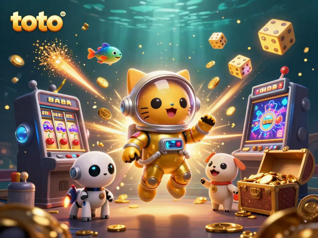 Experience thrilling casino adventures with toto, featuring a lively illustration of a space cat and a robotic dog surrounded by slot machines.