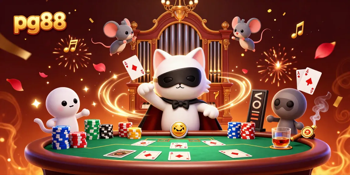 Experience the excitement of pg88 with a dynamic casino scene featuring a masked cat and acrobat.