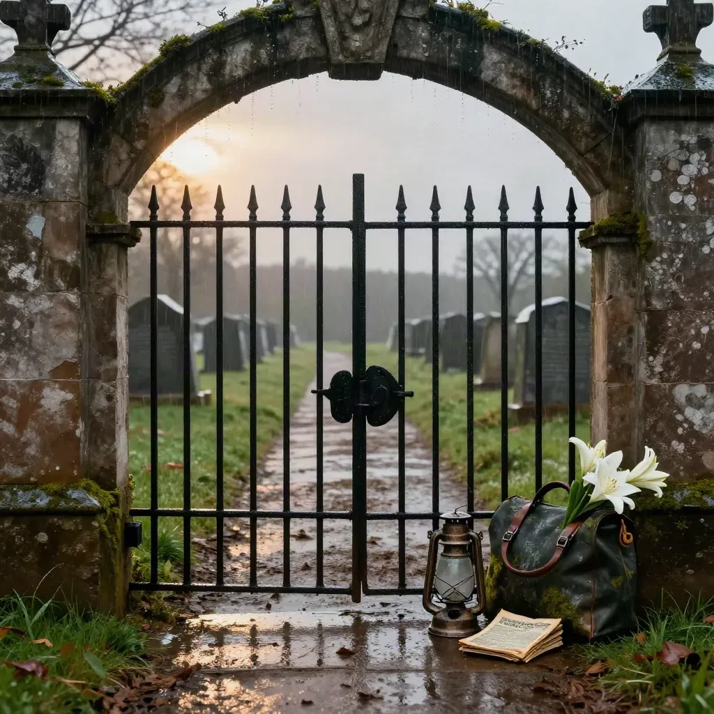 Rain falls on a cemetery gate with pulp booklets, a broken lantern, and white lilies below.
