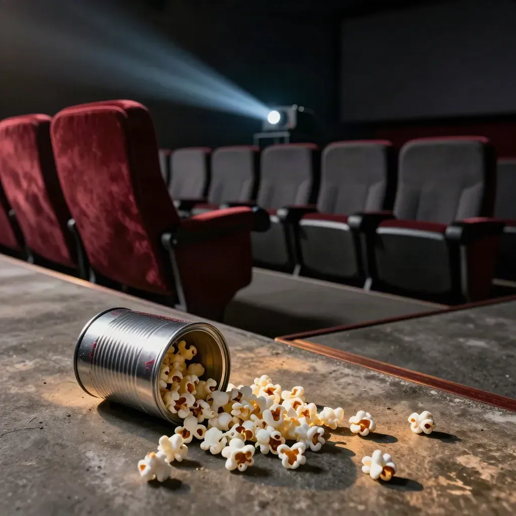 Midnight microcinema row with projector beam, film canister, velvet chair back and popcorn on concrete.