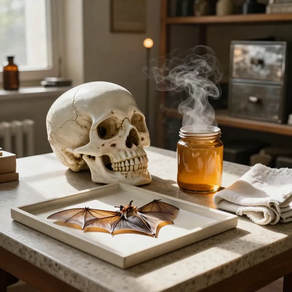 Museum worktable with skull cast, bat-wing specimen, amber jar, and vapor in warm late light