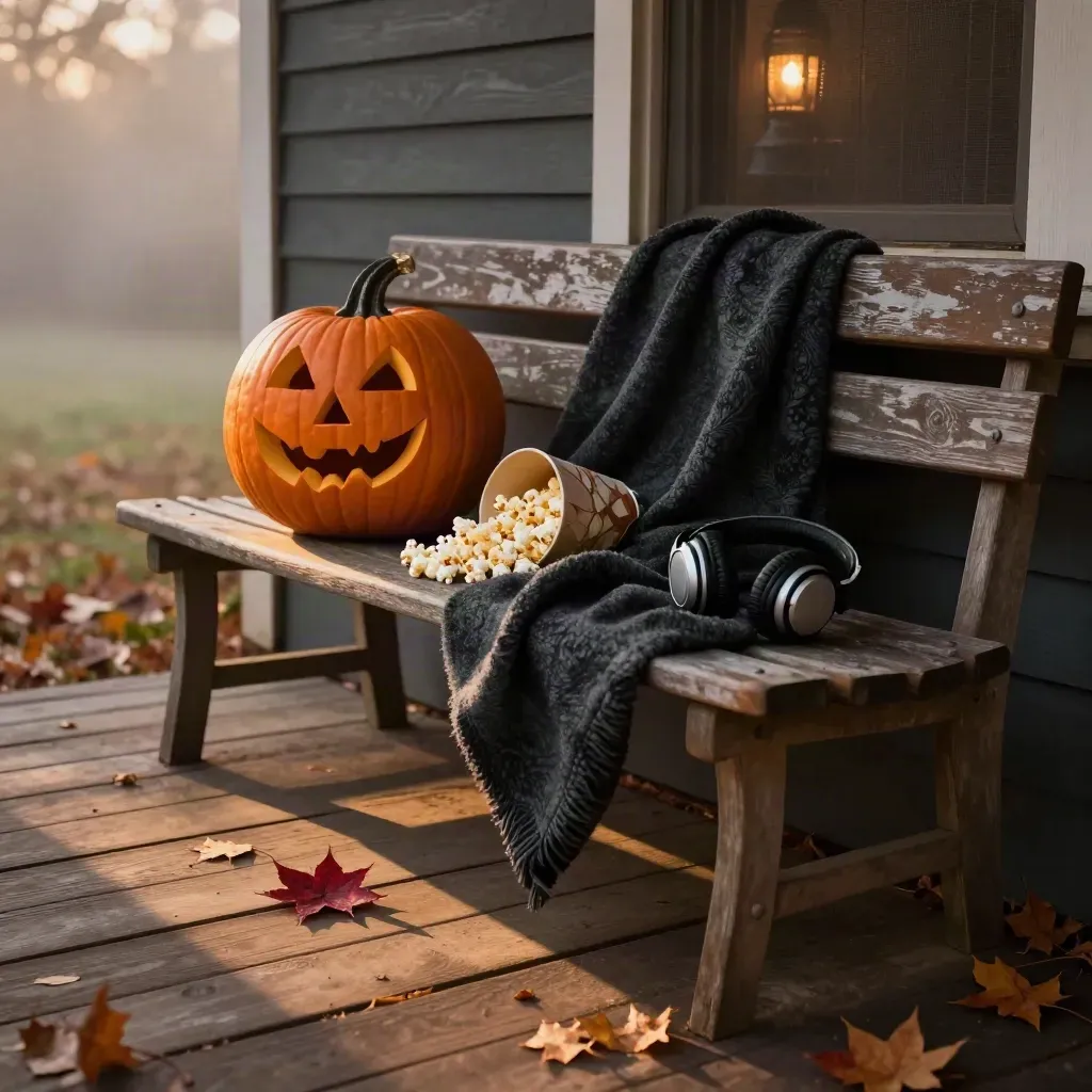 Porch bench with jack-o'-lantern, blanket, snack bowl, and headphones in autumn dusk.