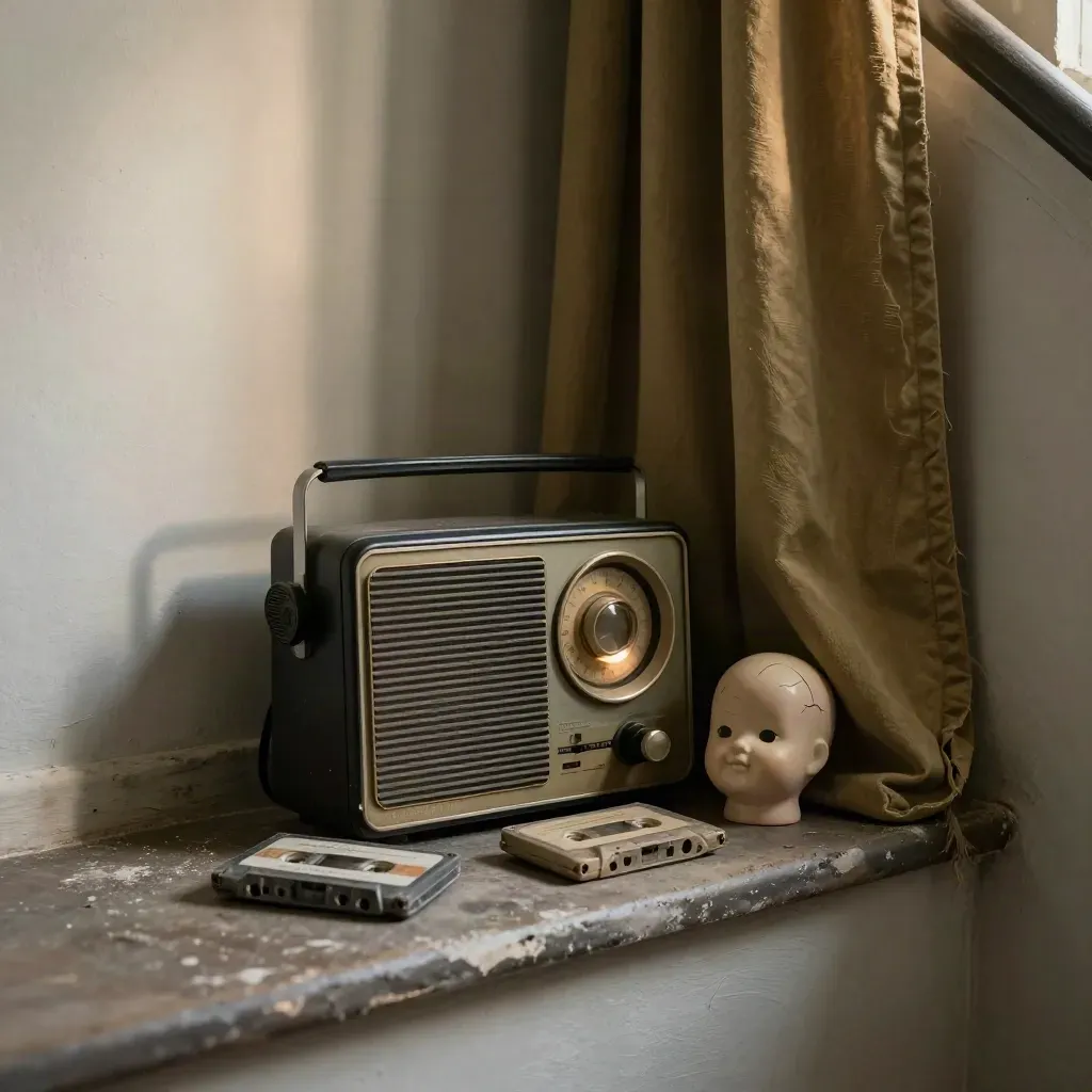 Old radio, cassette tapes, and cracked doll head in a stairwell corner with glowing dial.