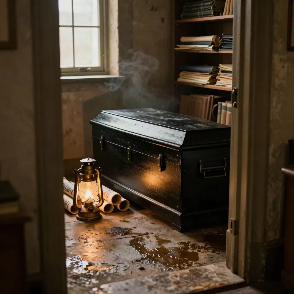 Basement archive with a coffin-shaped chest, poster tubes, and a glowing lantern on stone floor.