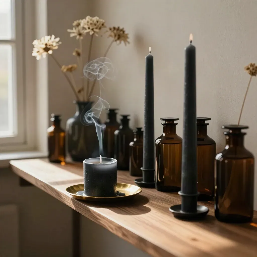 Black taper candles with wax drip, brass tray, dark bottles, dried florals on a shelf.