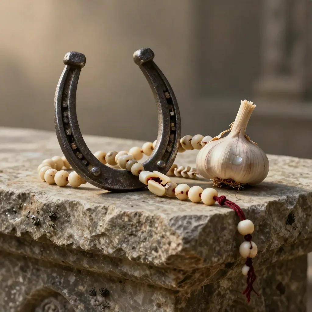 Macro of a horseshoe, garlic braid, talisman, and bone beads on a stone ledge in cold light.