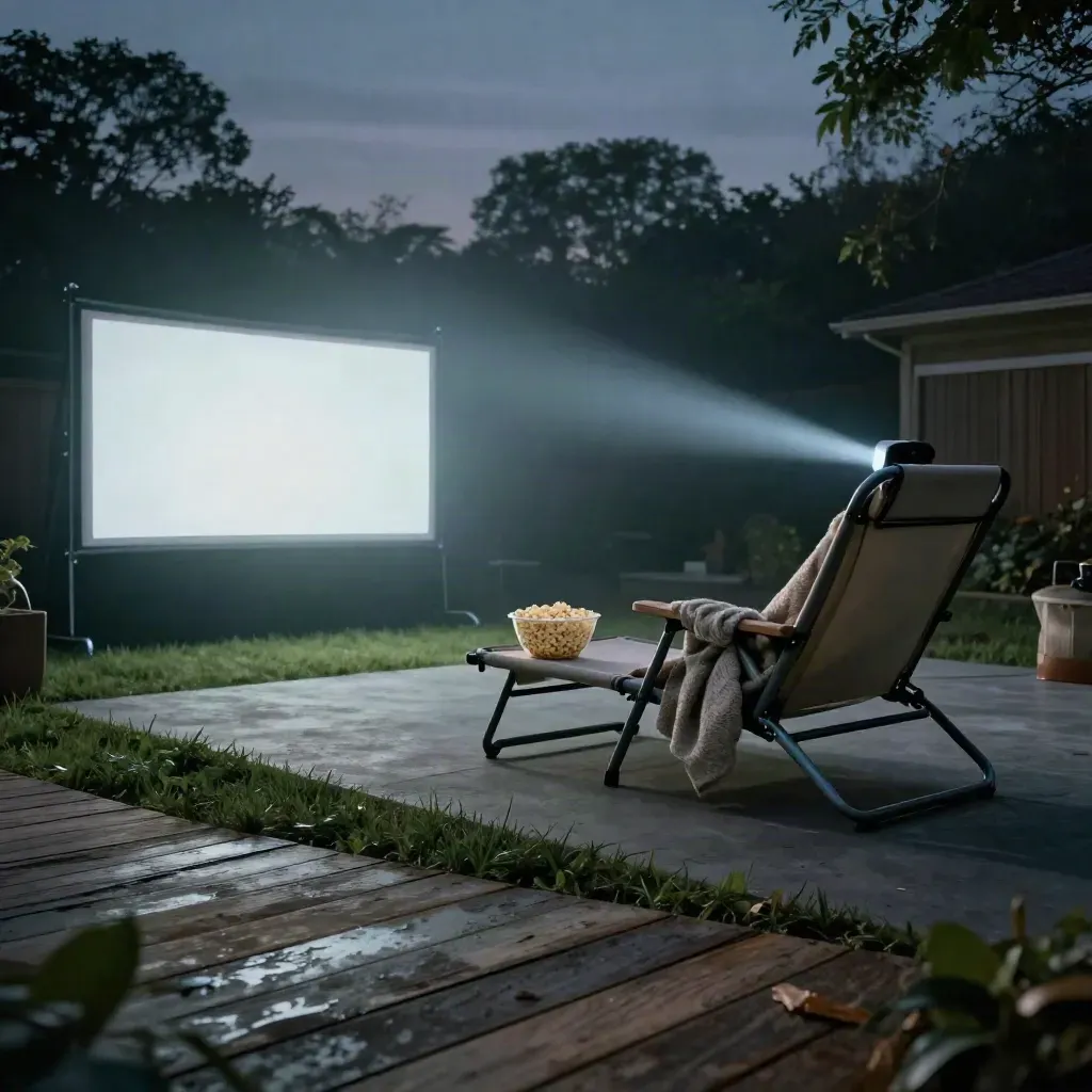 Backyard movie night with a glowing lounge chair, blanket, popcorn bowl, and misty screen beam under humid sky