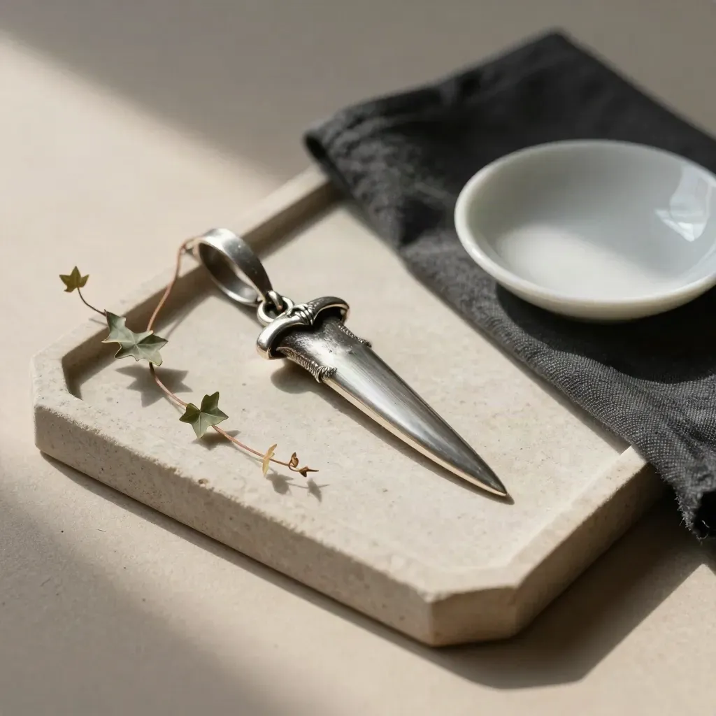 Silver fang pendant on stone tray with ivy, cloth, and ceramic dish