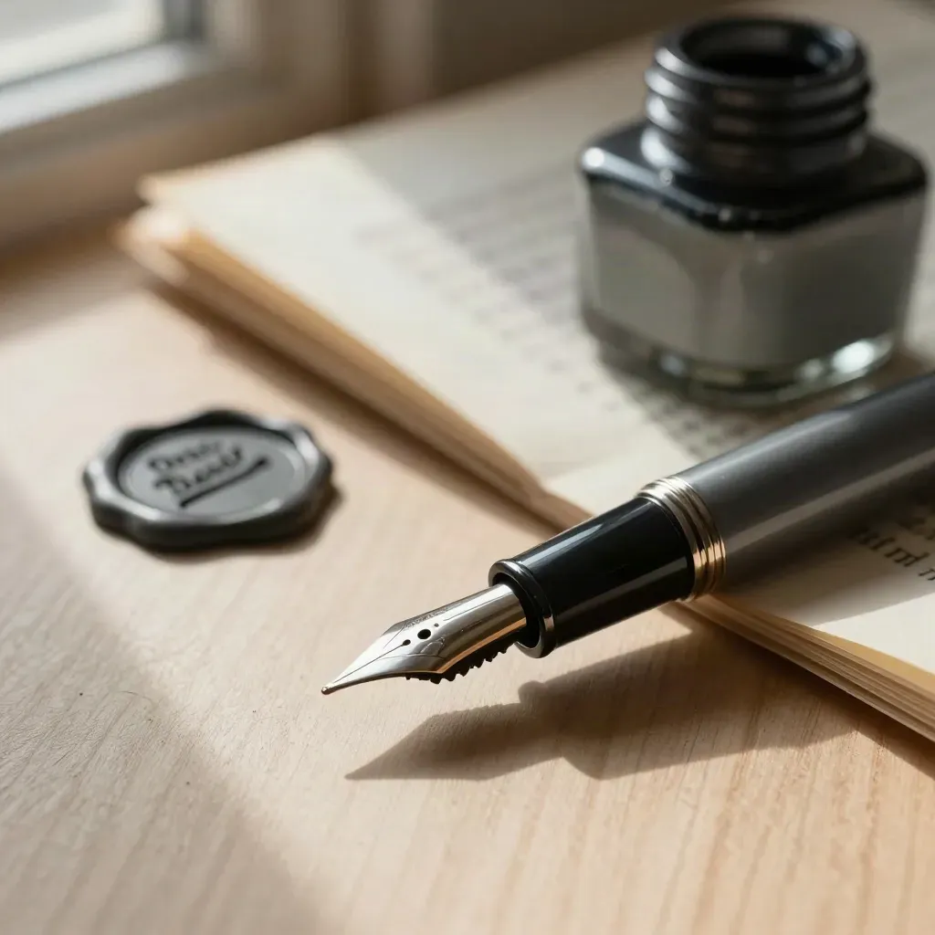 Fountain pen, wax seal, inkwell and manuscript pages on pale oak.