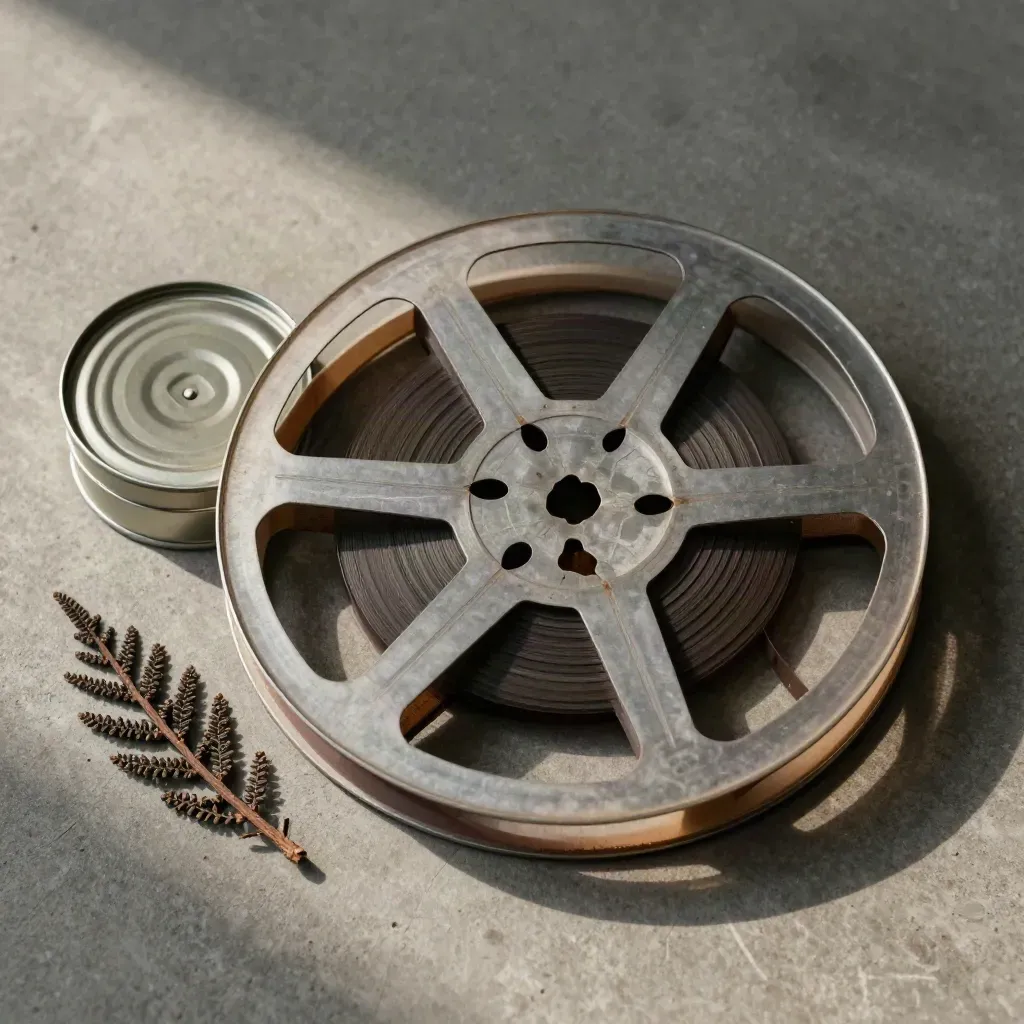 Overhead film reel flatlay with canister and cedar sprig on concrete.