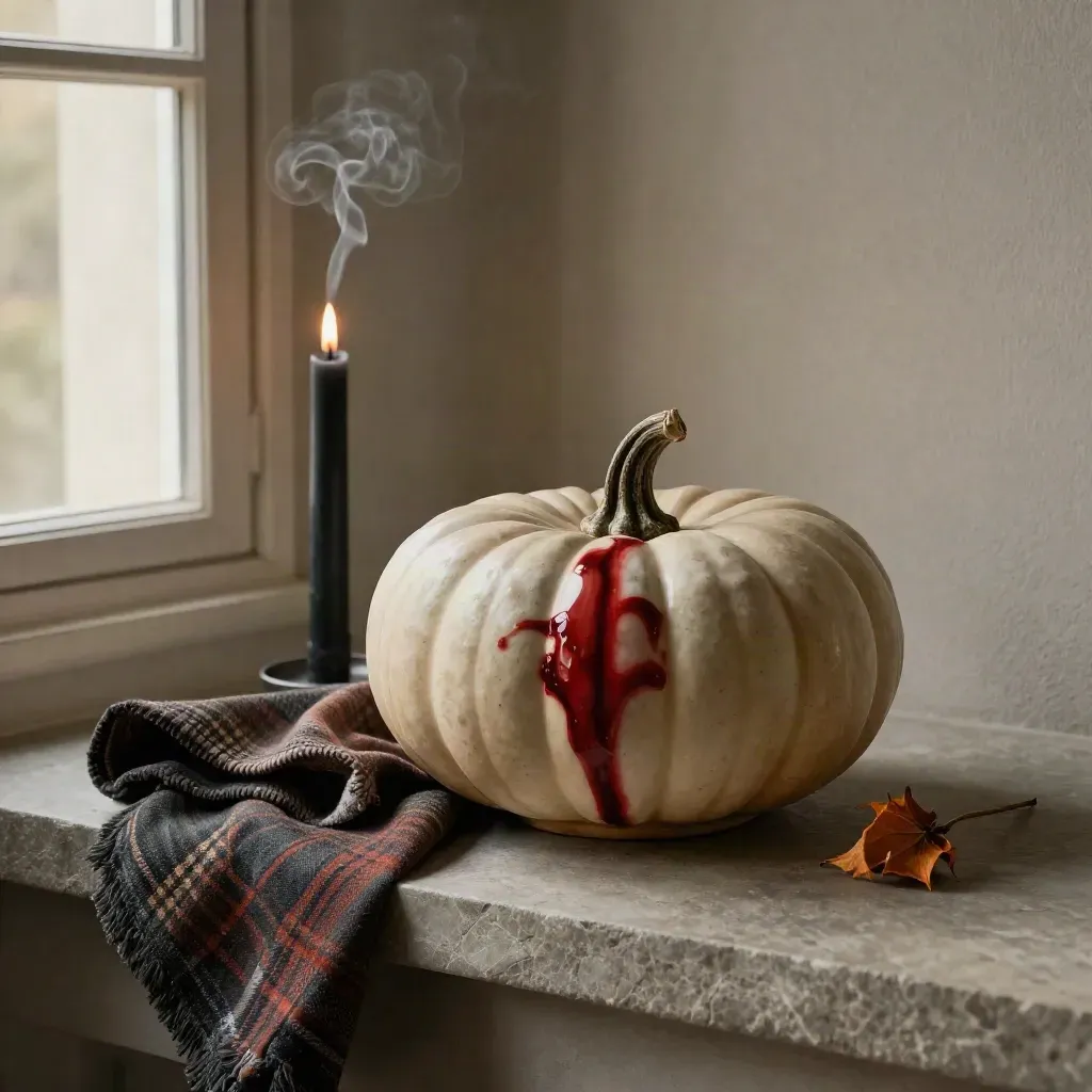 Ceramic pumpkin bowl, smoky taper candle, plaid cloth and dried stem on stone shelf.