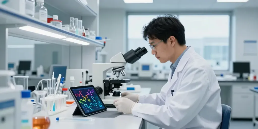 Scientist analyzing research peptides in a modern laboratory setting.
