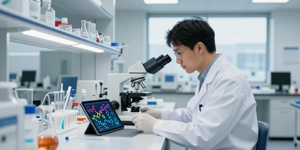 Scientist analyzing research peptides in a modern laboratory setting.