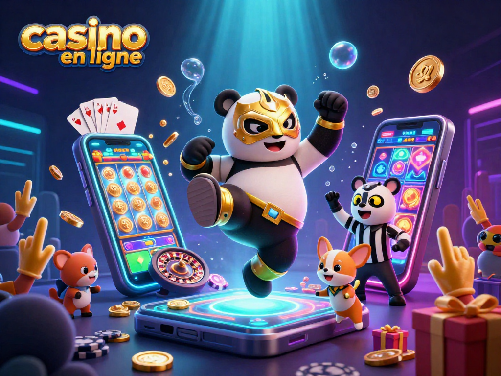 Visitez le casino en ligne avec une scène dynamique de panda lutteur et une ambiance festive.
