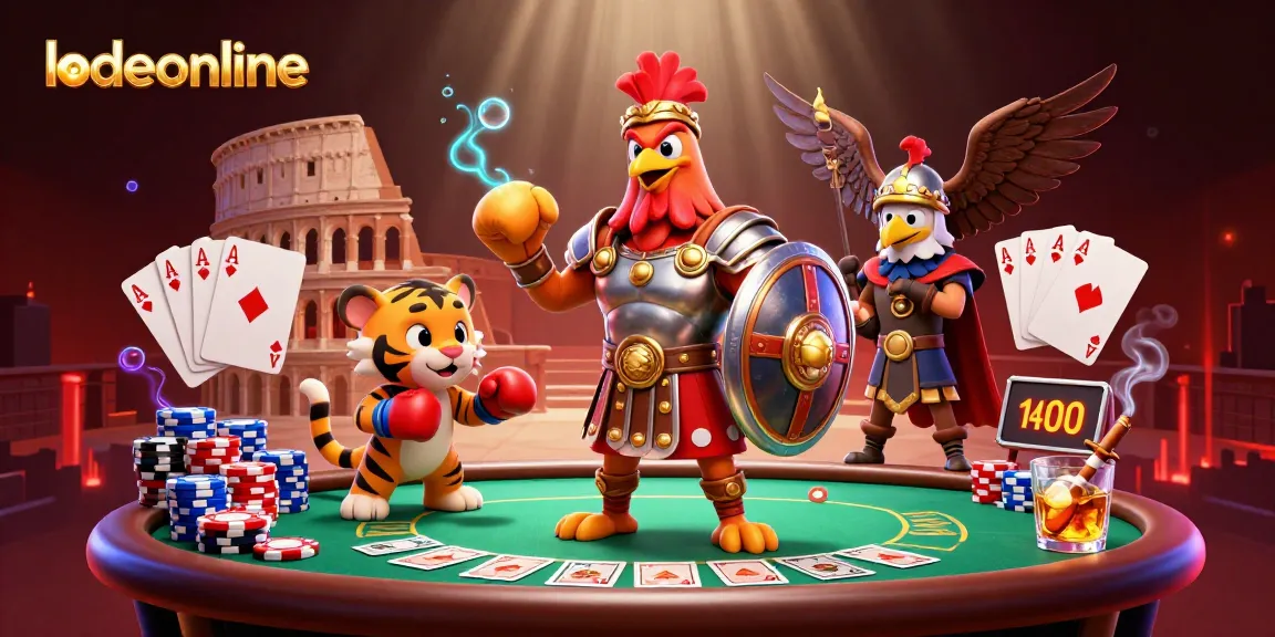 Engage with lodeonline to experience thrilling poker action featuring a vibrant rooster gladiator.