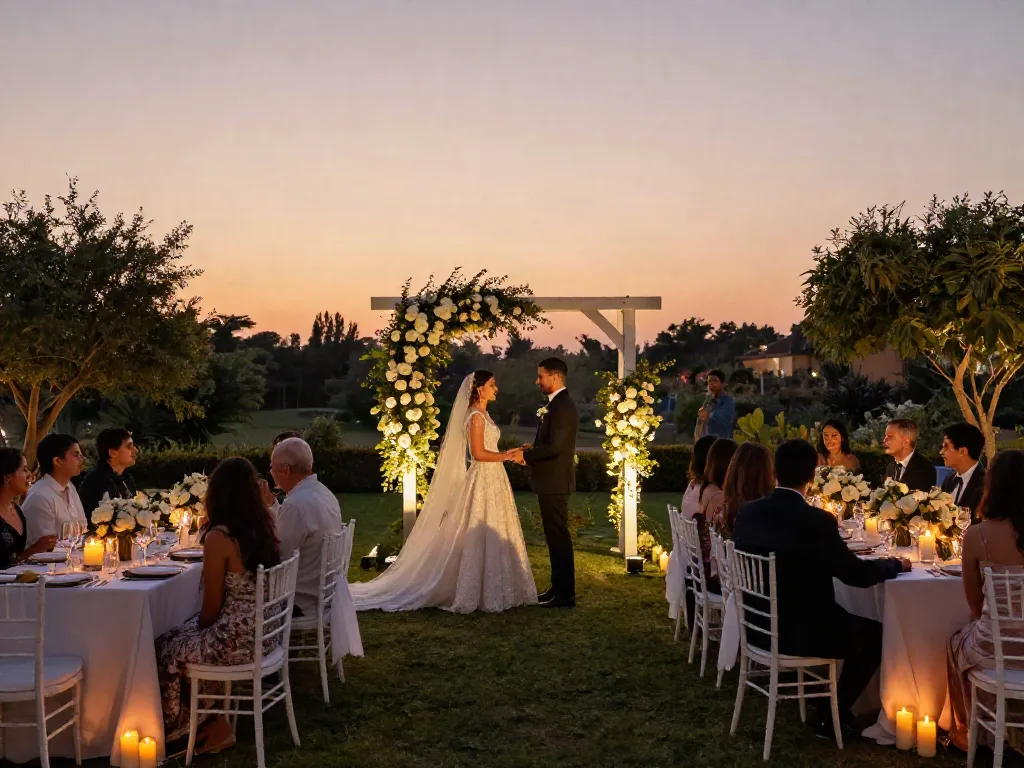 Stunning sunset wedding with guests and elegant decor showcasing event rental ksa.