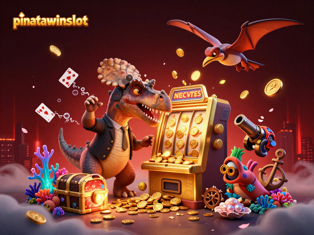 Experience pinatawinsslot excitement as a pachycephalosaurus wins jackpots with flying coins.