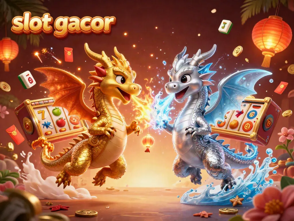 Experience the thrill of slot gacor with dynamic dragons and casino symbols in this captivating illustration.