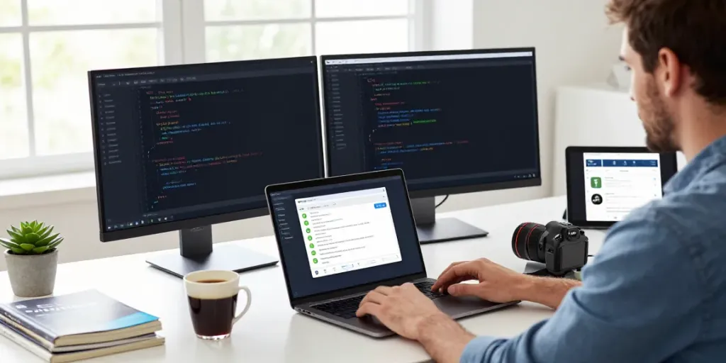 Software developer working on 2113 Apps in a modern workspace with coding screens.