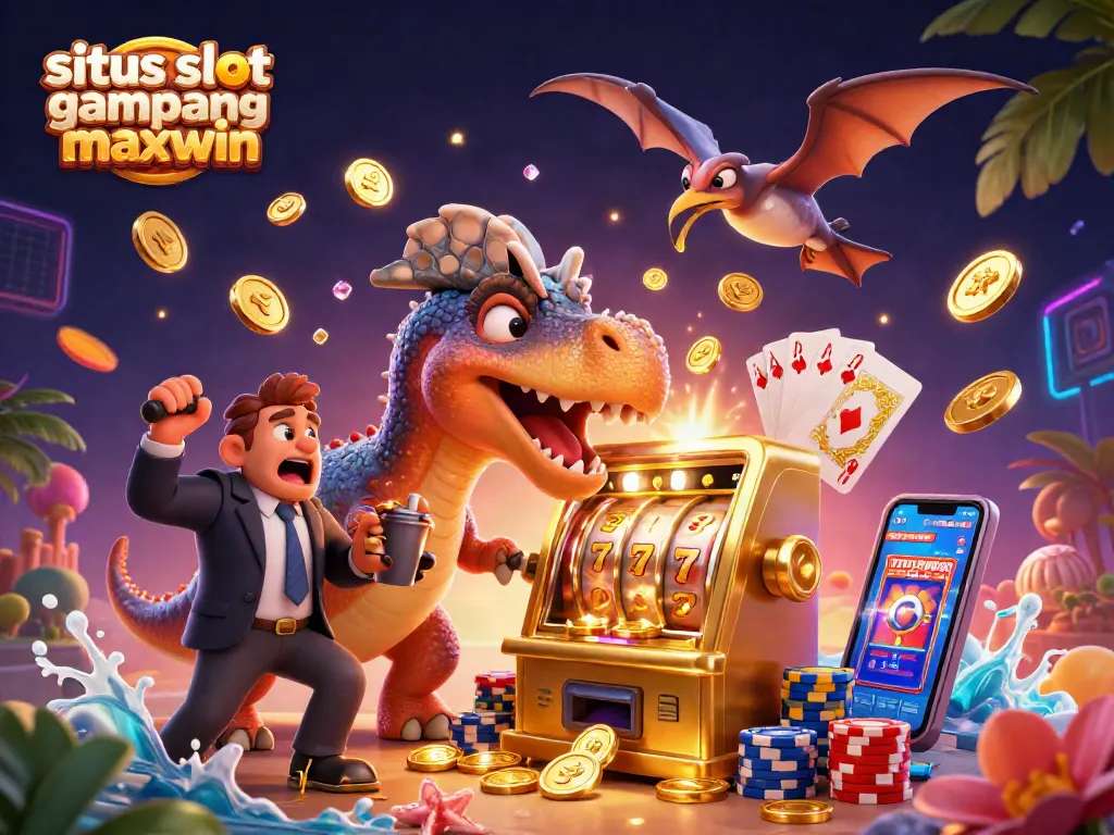 Engage with situs slot gampang maxwin by witnessing a frantic scene of a dinosaur headbutting a slot machine for jackpot coins.