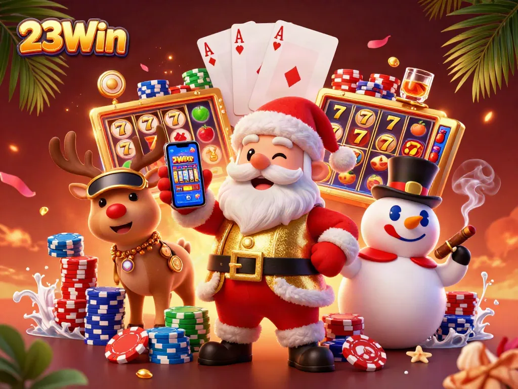 Join 23Win's festive casino scene with Santa, poker, and slot games excitement!