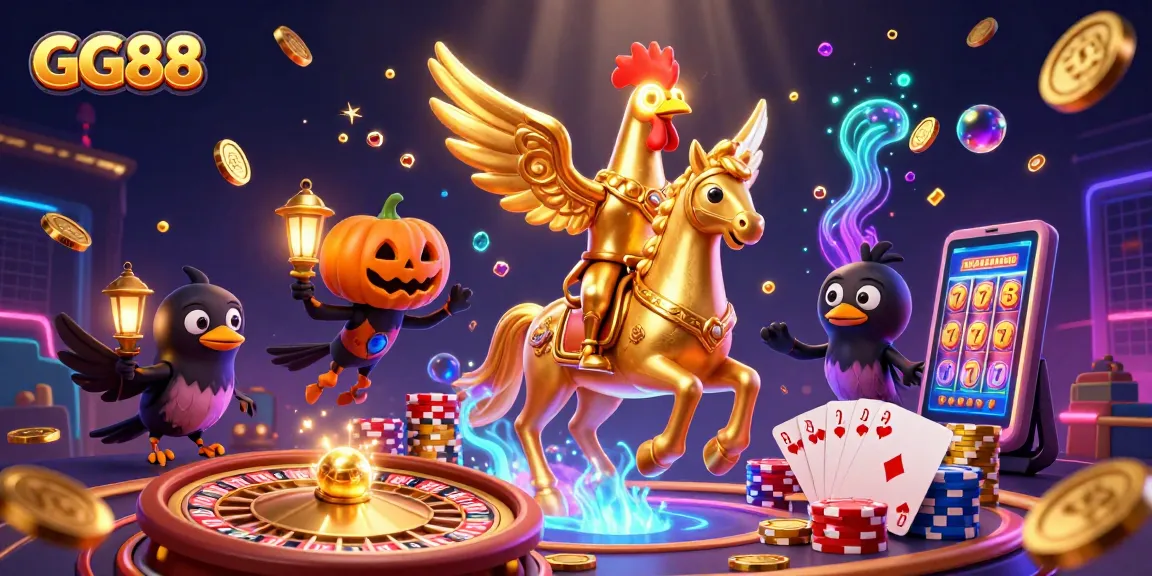 Experience the thrill of GG88 with a vibrant casino scene featuring animated characters and rich gaming elements.